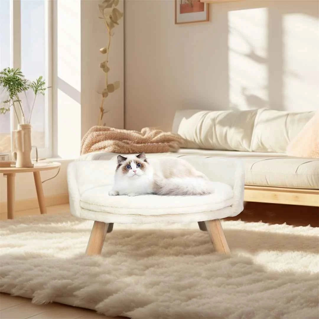 Luxury Soft Warm Plush Cat Bed Nesting Chair with Wood Legs Washable Waterproof Cushion Pad Pet Bed for Small Animals