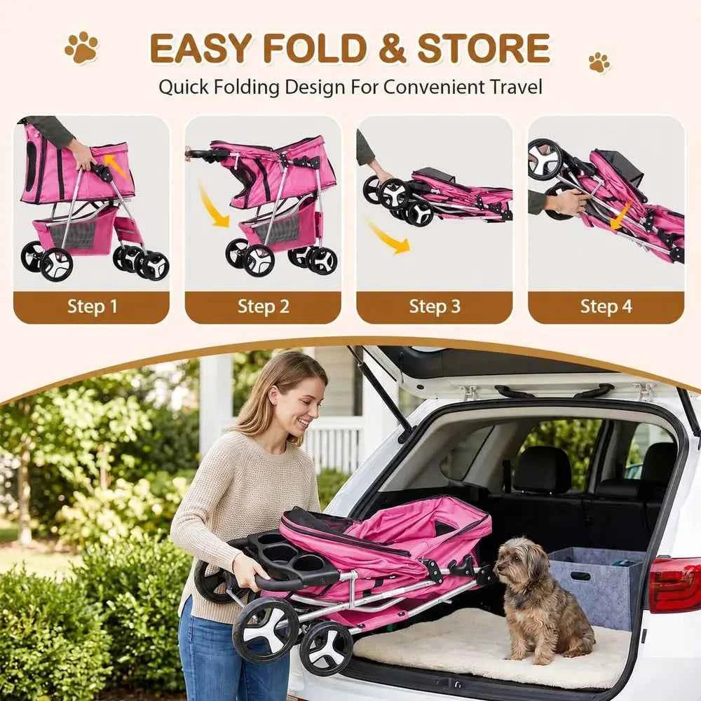 Pet Stroller 4 Wheels Dog Cat Stroller or Small Medium Dog Cats Carrier Jogger Travel oldable Puppy with Storage Basket and Cup
