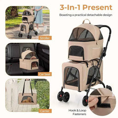 Double Dog Stroller or 2 Dogs, Detachable Carriers, Saety Belt, 4 Lockable Wheels, Pet Travel Carrier Strolling Cart, olding Cat