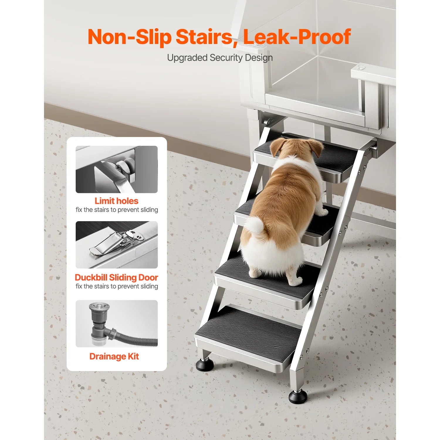 SucceBuy 34" Dog Washing Station Stainless Steel Dog Wash Sink with Shower Faucet Soap Holder Non-Slip Stairs Easy-Clean Design
