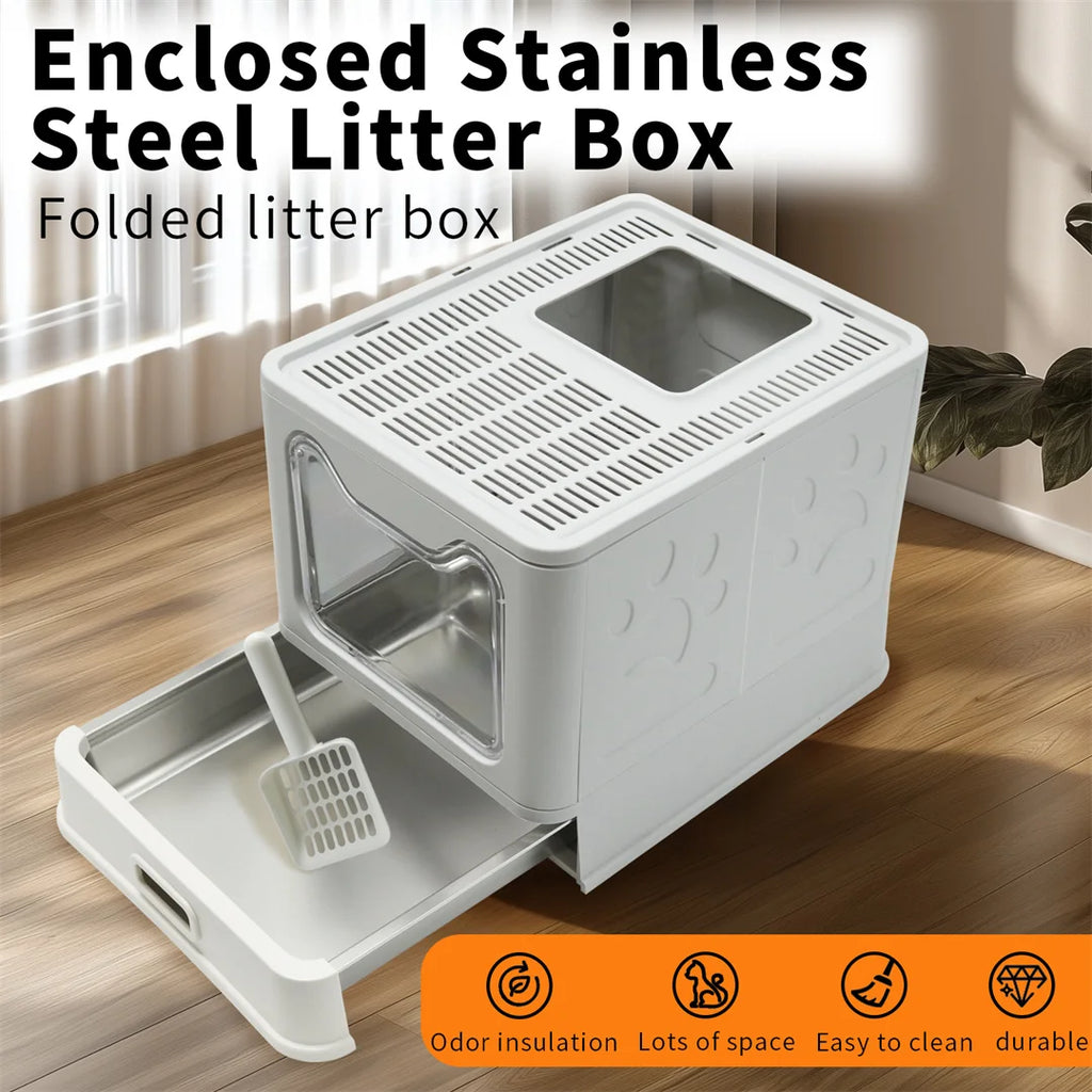 Detachable Enclosed Cat Litter Box Front Entry Stainless Steel Pan