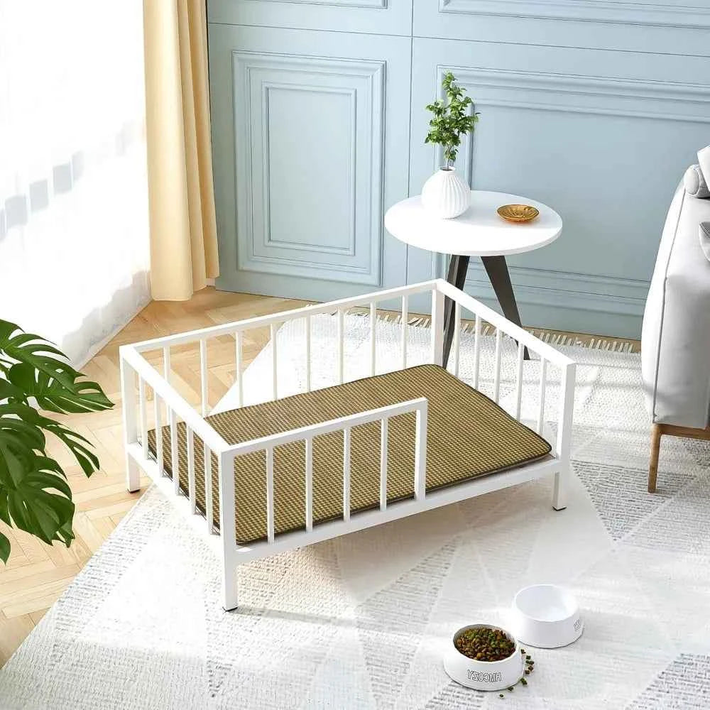Elevated Dog Bed with Rails, Metal Frame & Solid Wood, Washable Mat, Medium 25.2x37.8in, White