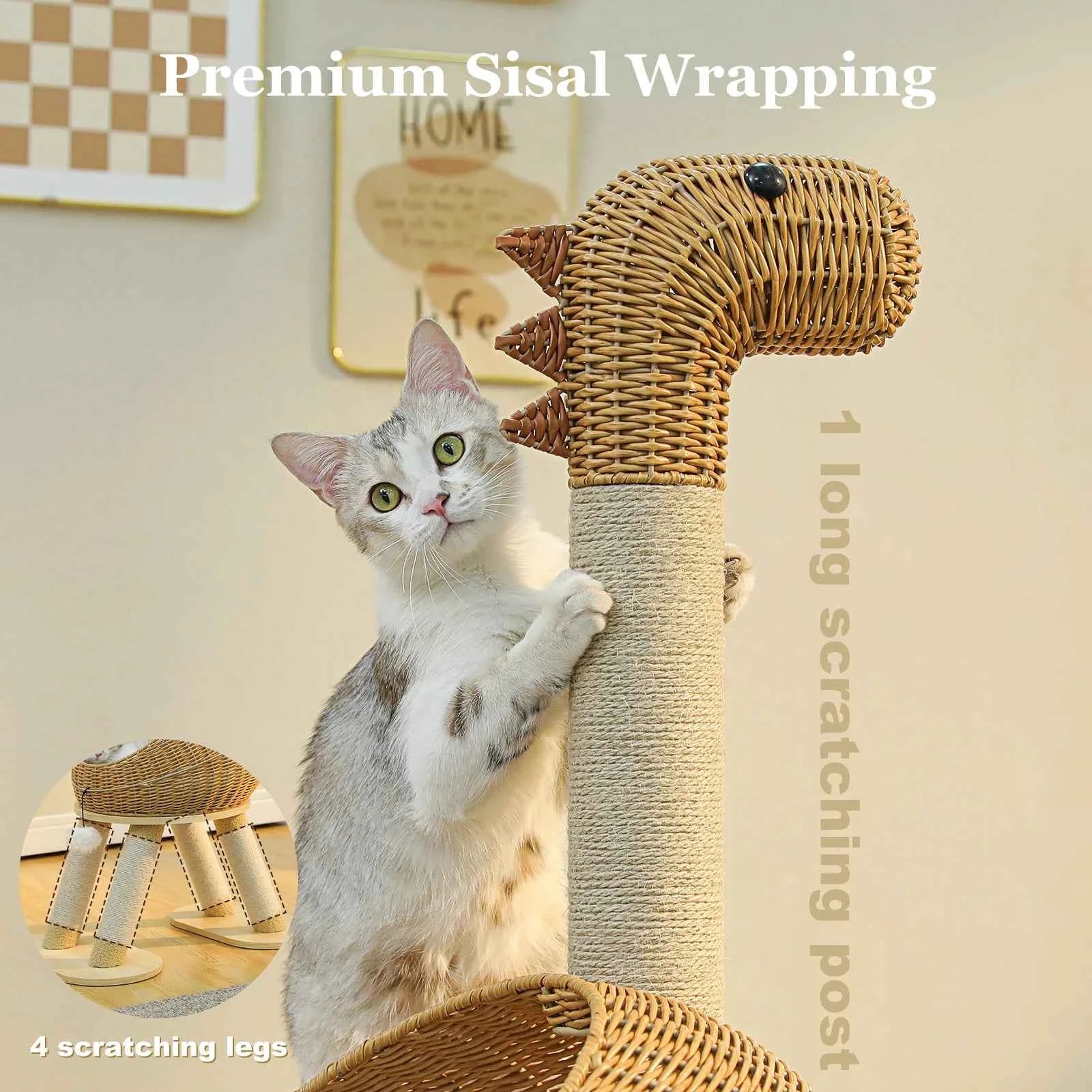 Dinosaur Cat Tree Tower with Sisal Scratching Post Large Rattan Cat Condo for Indoor Wicker Cat Bed with Removable Mat Cat Toys