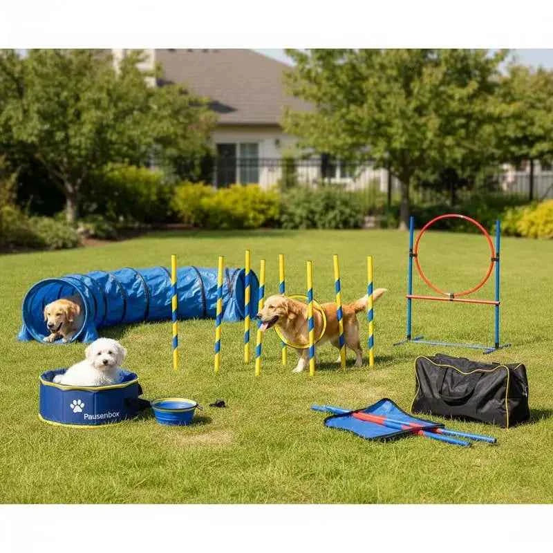 Dog agility training equipment, 5-piece set with adjustable high hurdles, 6 slalom poles, tunnel, jump ring, rest box, whistle, collapsible bowl, obstacle course set for puppies with storage bags