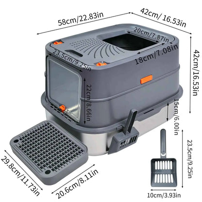 Enclosed Stainless Steel Cat Litter Box with Lid Extra Large for Big Cats Kitty Metal Litter Pan Tray High Wall Sides