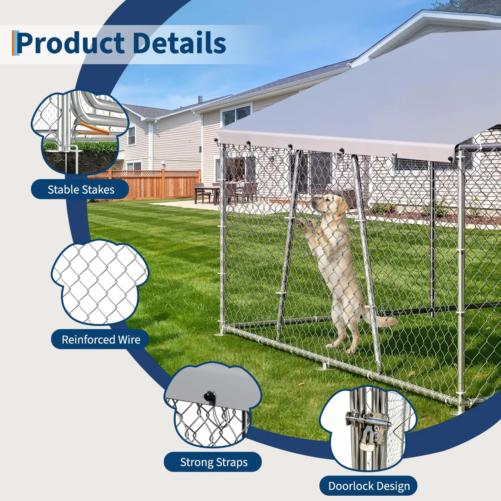 10x10x5.9FT Outside Dog Enclosure With PE Waterproof Roof, 360° Feeding Door, Heavy Duty Lockable Galvanized Kennel