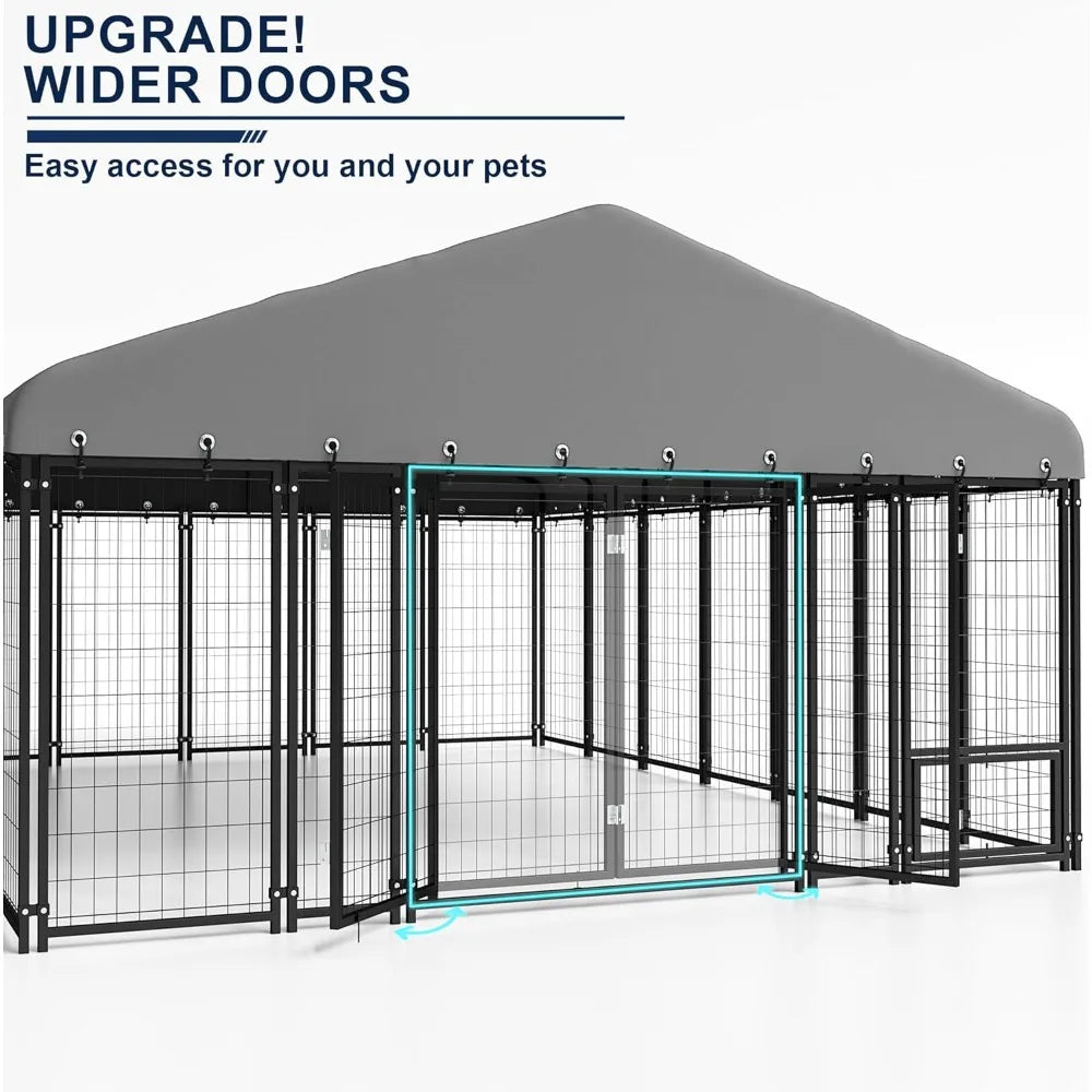 10X14FT Dog Kennel Outside Double Door Dog Kennel Outdoor with Feeding