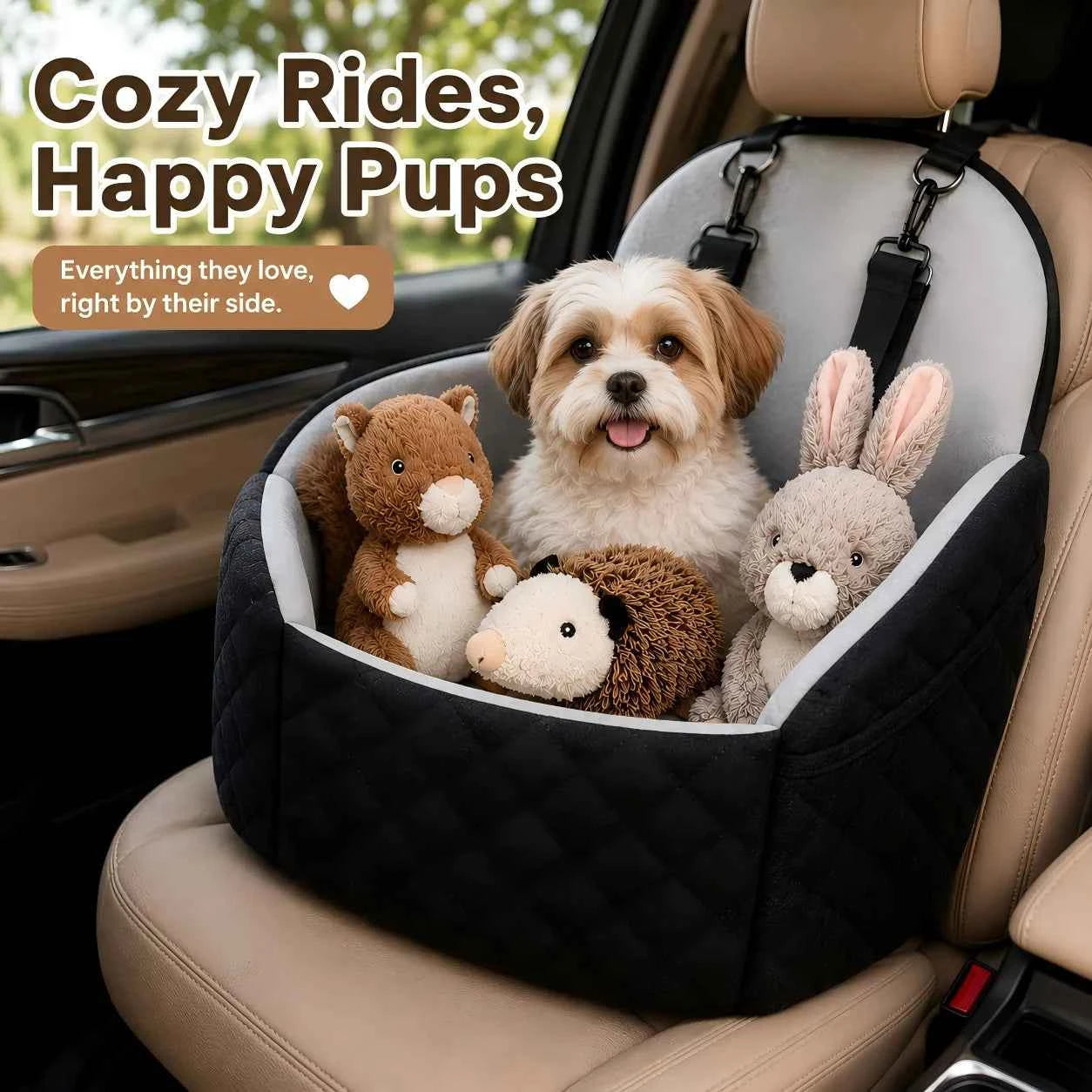 4-Piece Dog Car Seat Bed Set, Cozy Travel Pet Bed with Adjustable Securing Straps & 3 Squeaky Plush Toys, Soft Car Seat Cushion for Small Dogs and Puppies