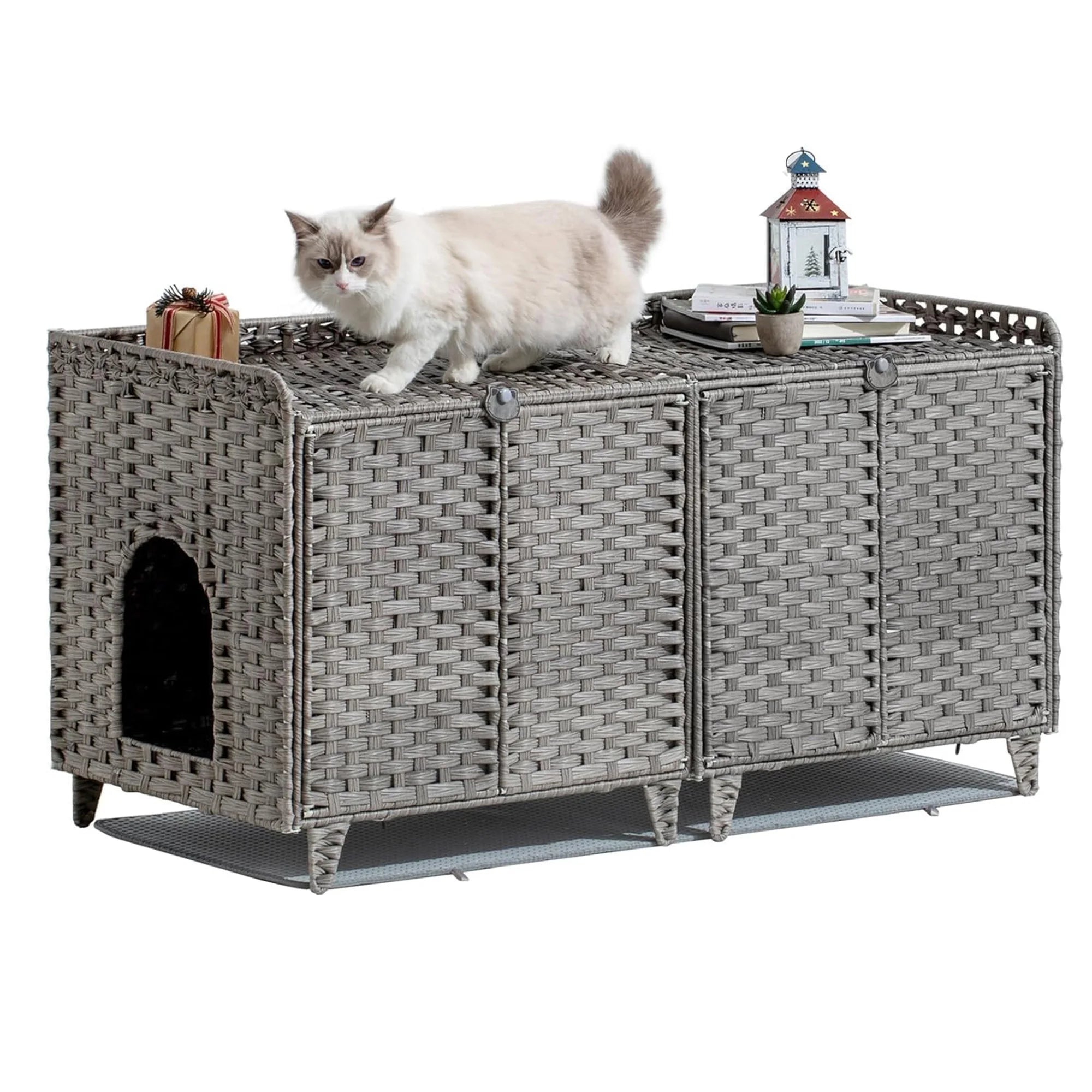 Large Rattan Litter Box Enclosure For 2 Cats, Hidden Cat Furniture With 2 Doors, Litter Mat & Hooks, 47.2" Cat House