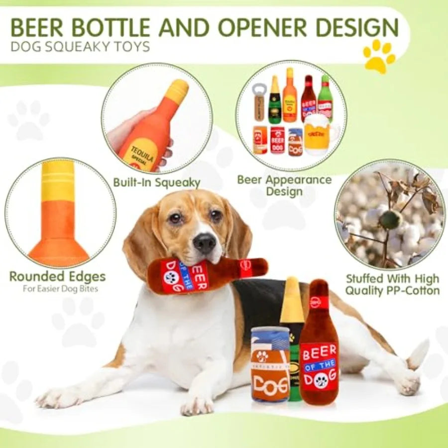 YAO HUI HUANG 9Pcs Beer Dog Squeaky Plush Toys Set