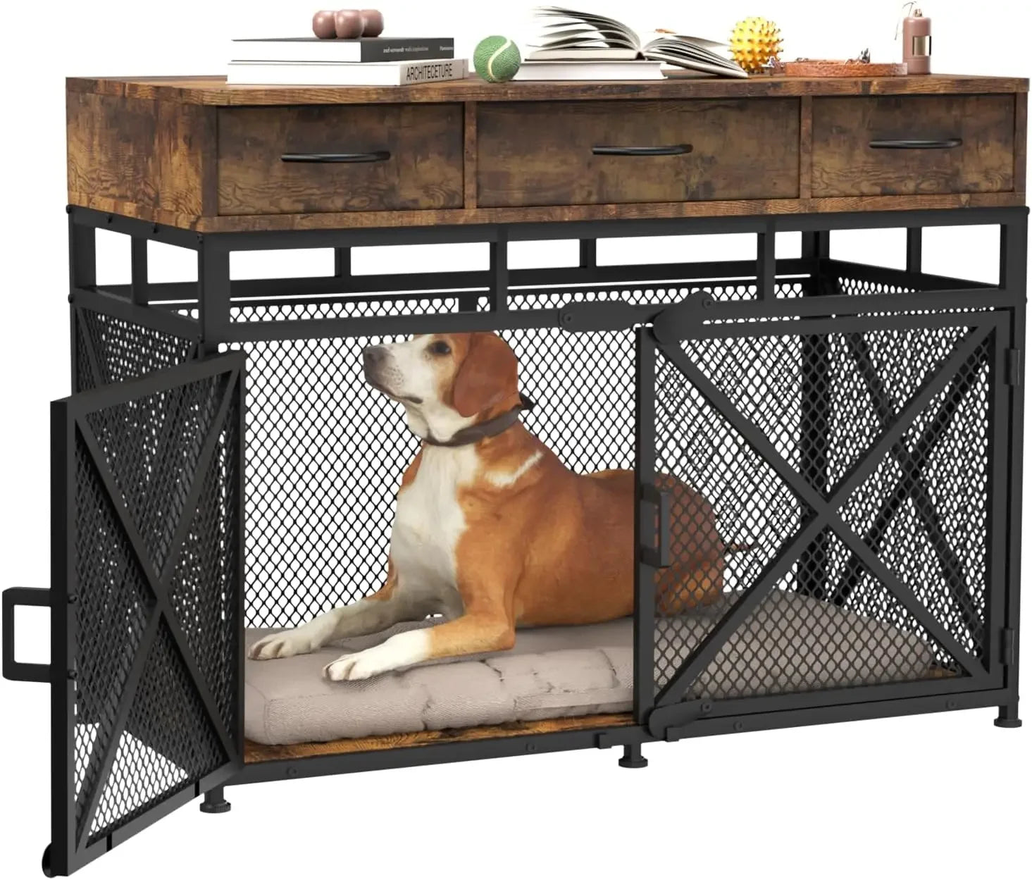 43.3 Inch Large Dogs Crate, Wooden Dogs Kennels with Drawers, Heavy Duty Dogs Crate Furniture-Style Indoor, Decorative Dog Cage