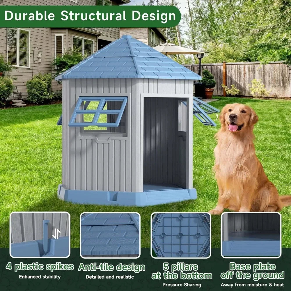 Dog House Indoor Outdoor Durable Large Dog Shelter with Outside Kennel with Window and Elevated Floor for Small Medium