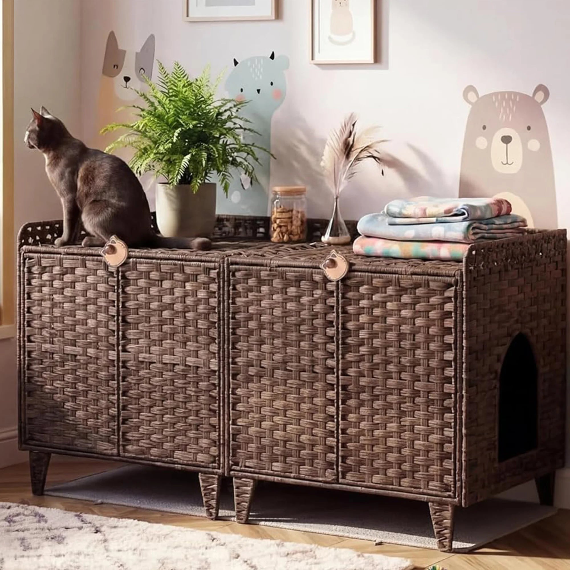 Large Rattan Litter Box Enclosure For 2 Cats, Hidden Cat Furniture With 2 Doors, Litter Mat & Hooks, 47.2" Cat House