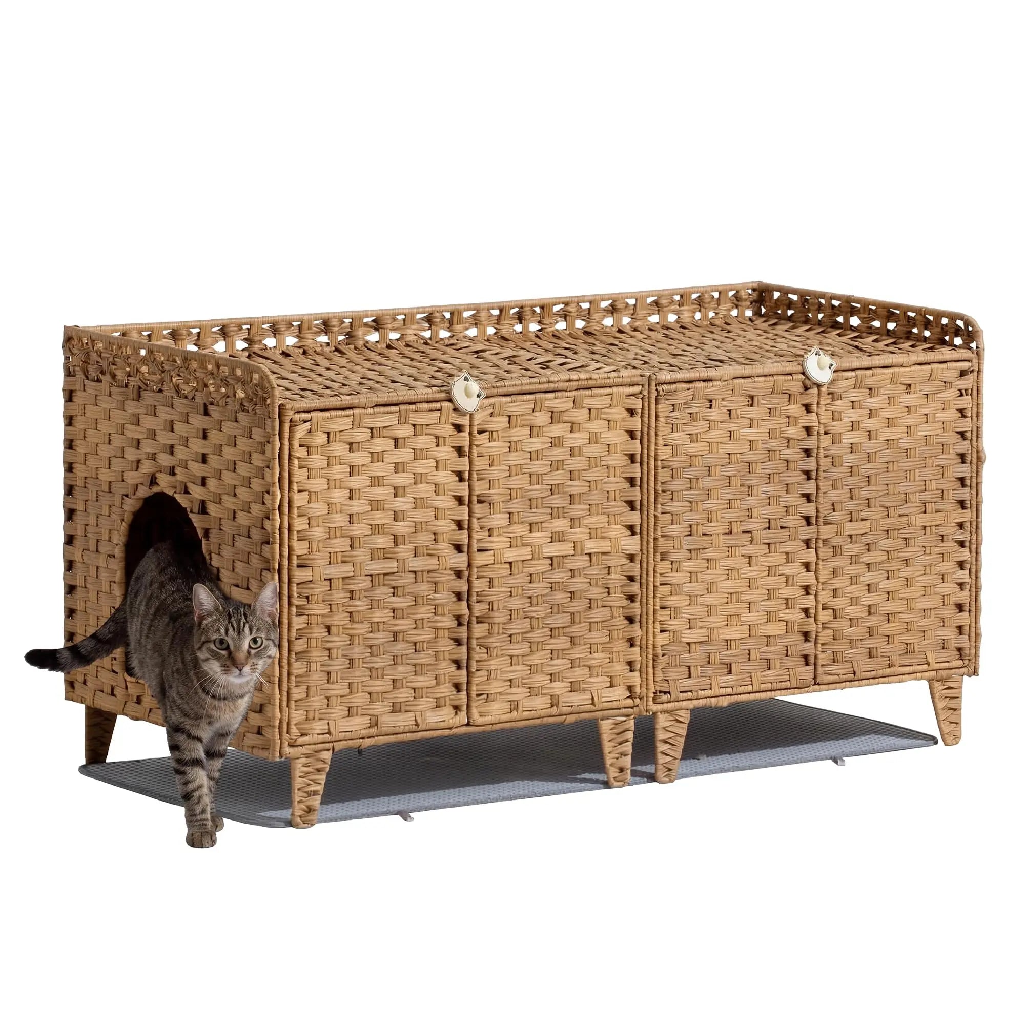 Large Rattan Litter Box Enclosure For 2 Cats, Hidden Cat Furniture With 2 Doors, Litter Mat & Hooks, 47.2" Cat House