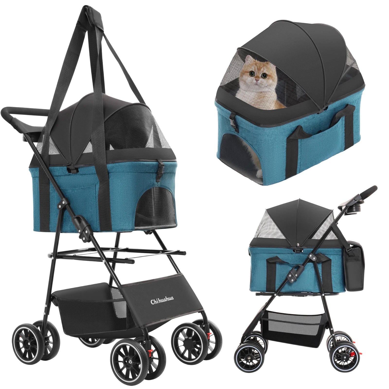 Chihuahua 2-In-1 Foldable 4-Wheel Pet Stroller With Detachable Carrier