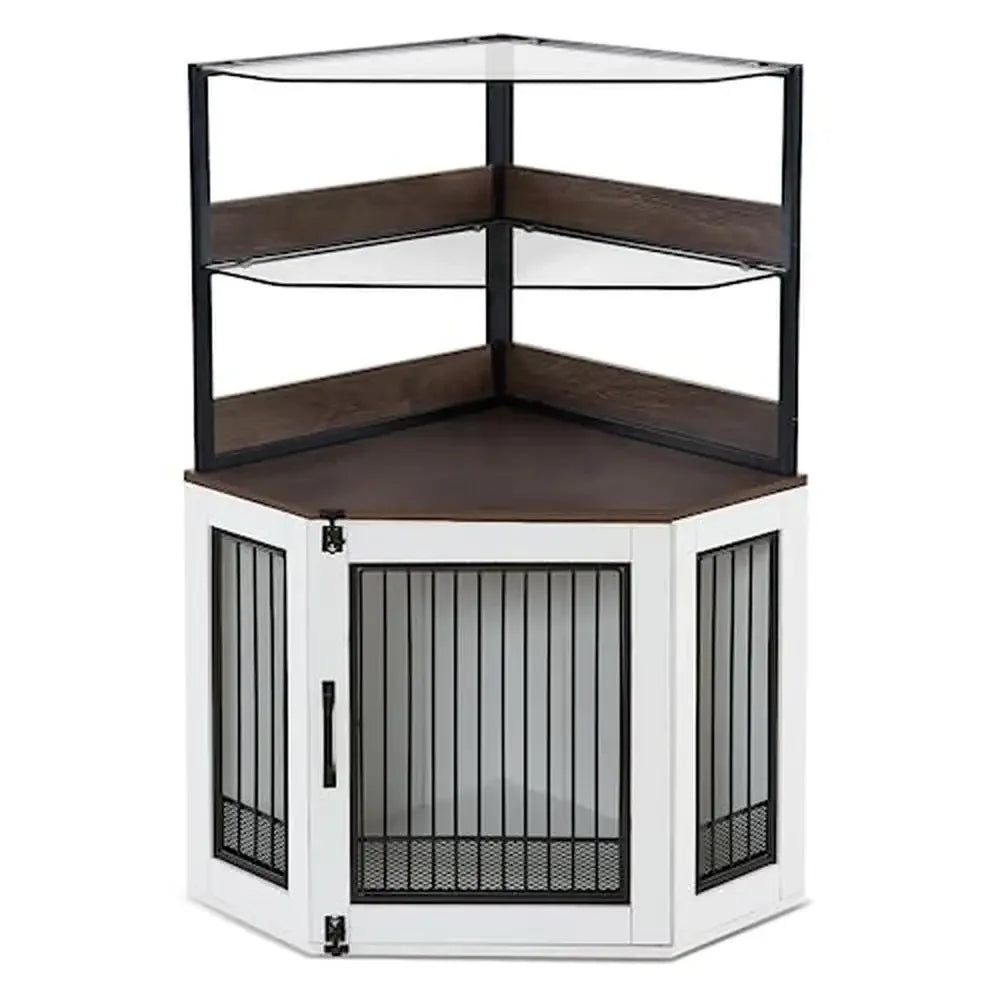 Wooden Corner Dog Crate Furniture Glass Shelves Kennel Pet Indoor CN17 White Brown Display Cabinet Safe Anti-Tip Straps Locks