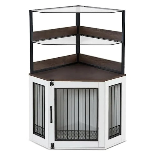 Wooden Corner Dog Crate Furniture Glass Shelves Kennel Pet Indoor CN17 White Brown Display Cabinet Safe Anti-Tip Straps Locks