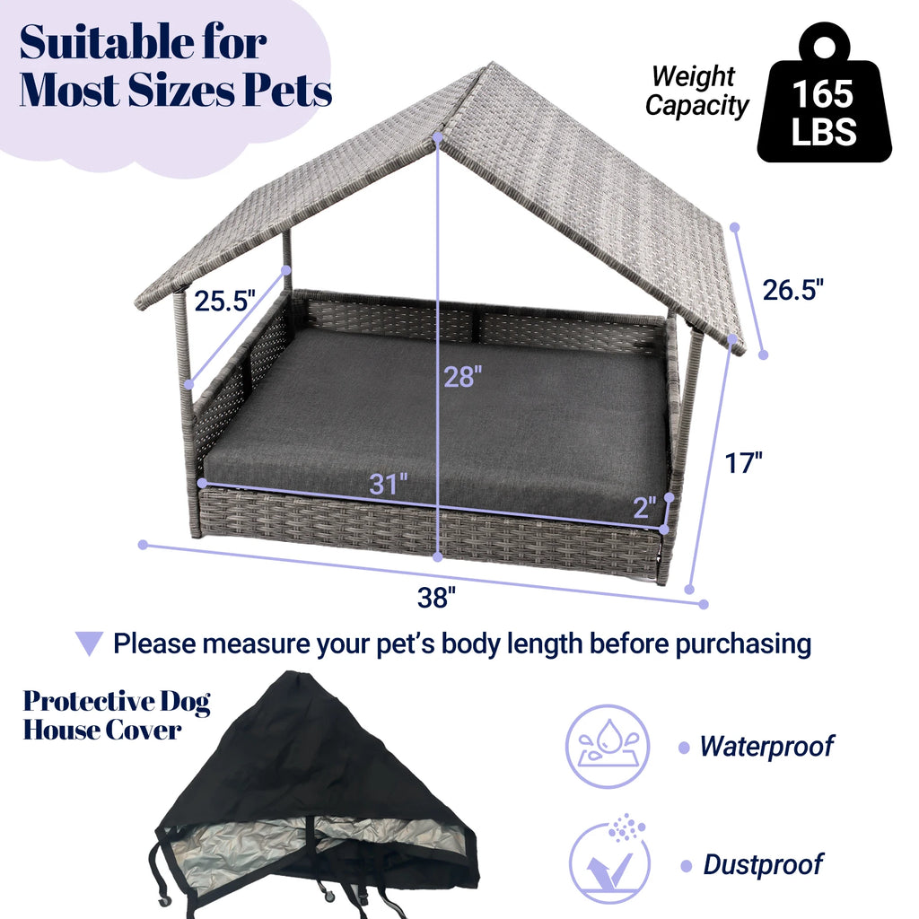 Elevated Wicker Dog House With Canopy And Water Resistant Cushion