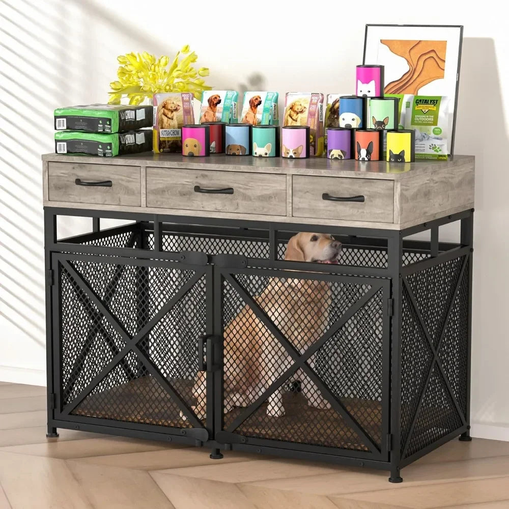 43.3 Inch Large Dogs Crate, Wooden Dogs Kennels with Drawers, Heavy Duty Dogs Crate Furniture-Style Indoor, Decorative Dog Cage