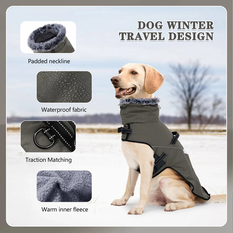 Winter Dog Jacket Puppy Warm Coat With Harness for Small Large Dogs Fur Collar Clothes Waterproof Labrador French Bulldog Outfit
