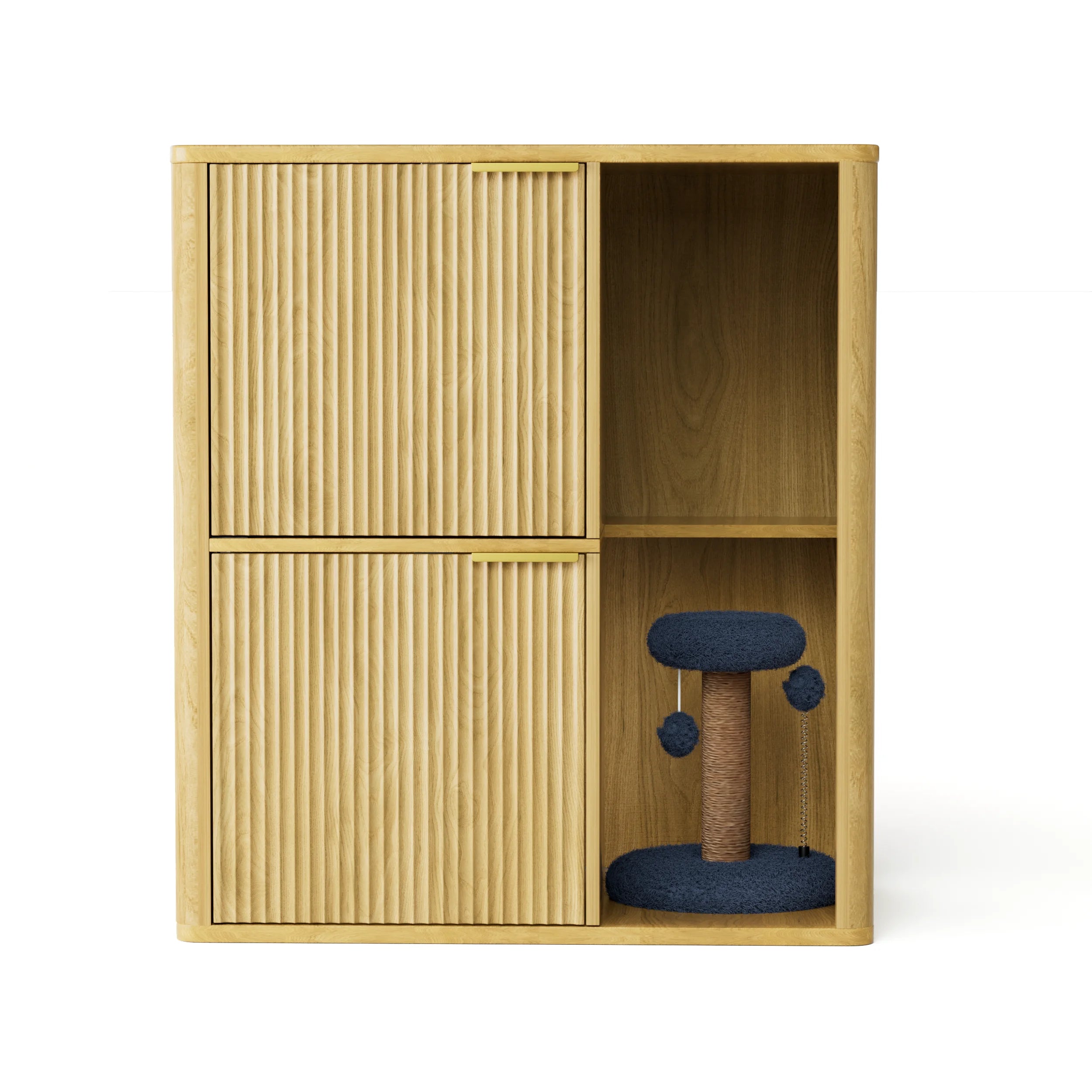 31.5" Light Wood Cat Litter Cabinet with Cat Tree, Hidden Litter Box Furniture with Dual Doors & Storage Shelves, Multi-Functional Pet Station for Living Room & Bedroom