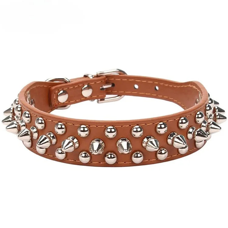 NONECN Adjustable Leather Dog Collar With Rivet Spiked Design
