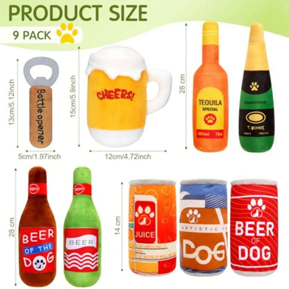 YAO HUI HUANG 9Pcs Beer Dog Squeaky Plush Toys Set