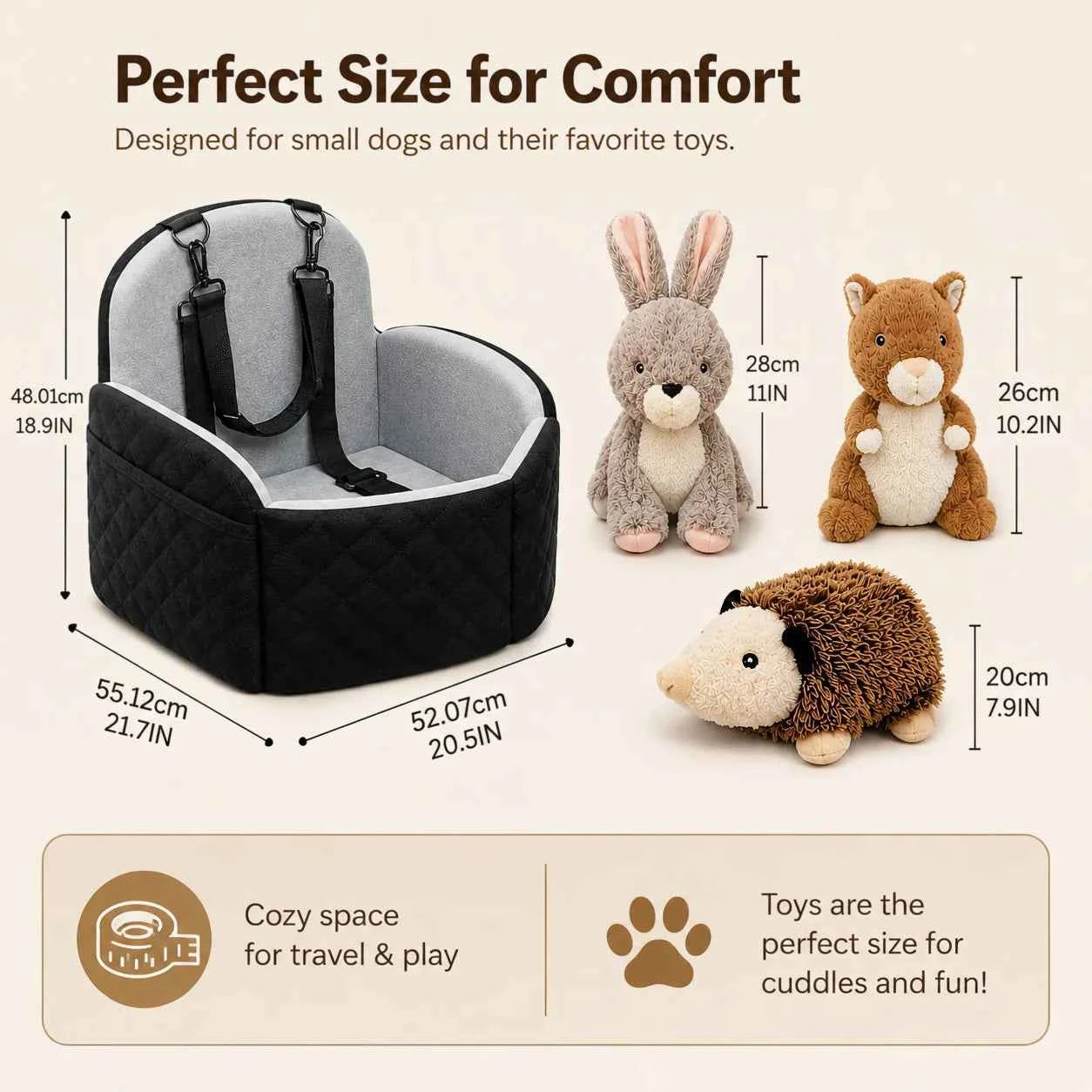4-Piece Dog Car Seat Bed Set, Cozy Travel Pet Bed with Adjustable Securing Straps & 3 Squeaky Plush Toys, Soft Car Seat Cushion for Small Dogs and Puppies