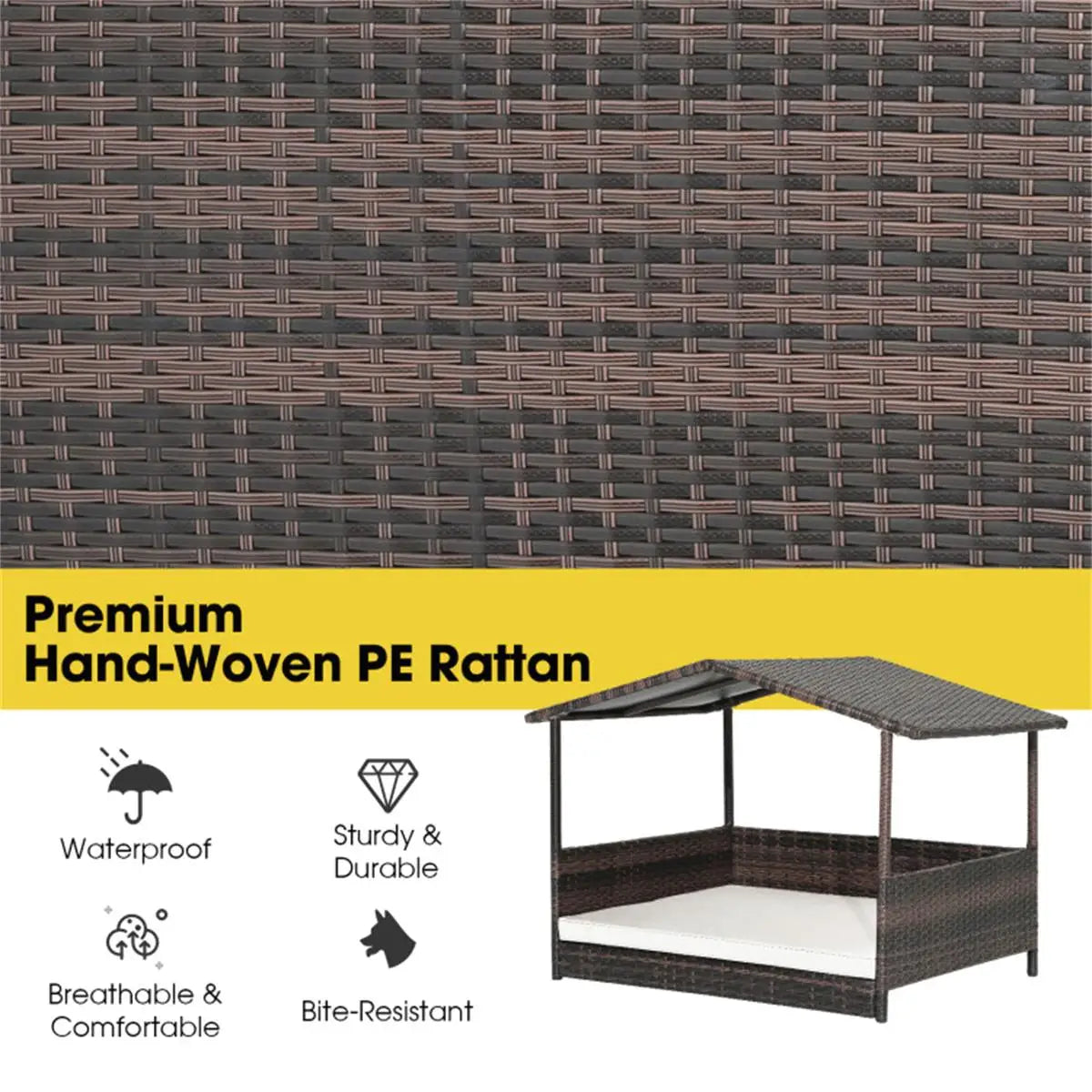 Outdoor Dog House with Canopy - Stylish Rattan Bed & Waterproof Cushion for Comfort