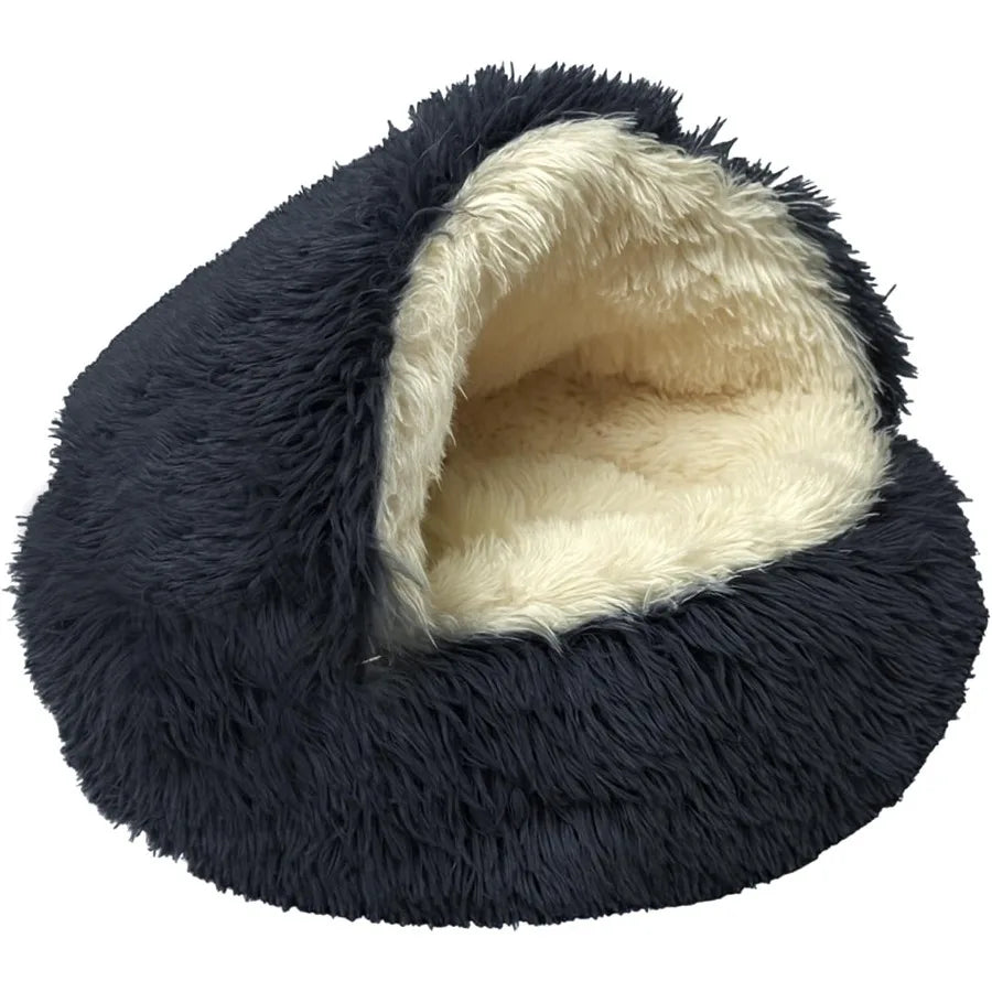 Round Plush Fluffy Hooded Cat Bed Cave Cozy for Indoor Cats or Small Dogs Soothing Doughnut-Shaped Anti-Anxiety Pet Bed with Wa
