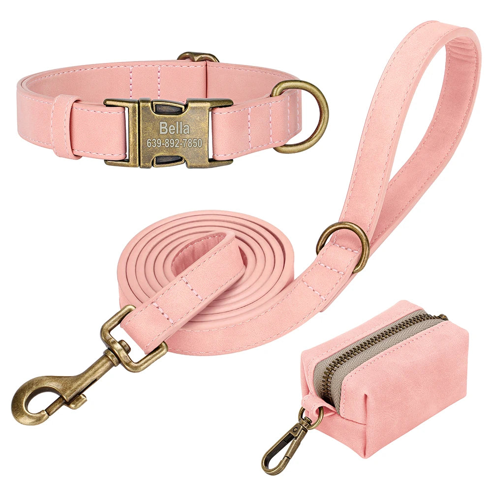 Didog Custom Dog Collar Leash Set With Poop Bag PU Leather