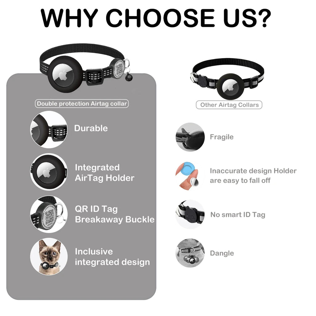 GPS Cat Collar with AirTag Holder & QR Name Tag  for Tracker Cats, Anti-loss Reflective Kitten Collar Location Case for Air Tag