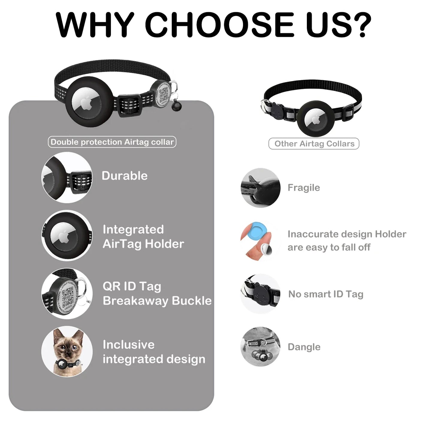 GPS Cat Collar with AirTag Holder & QR Name Tag  for Tracker Cats, Anti-loss Reflective Kitten Collar Location Case for Air Tag