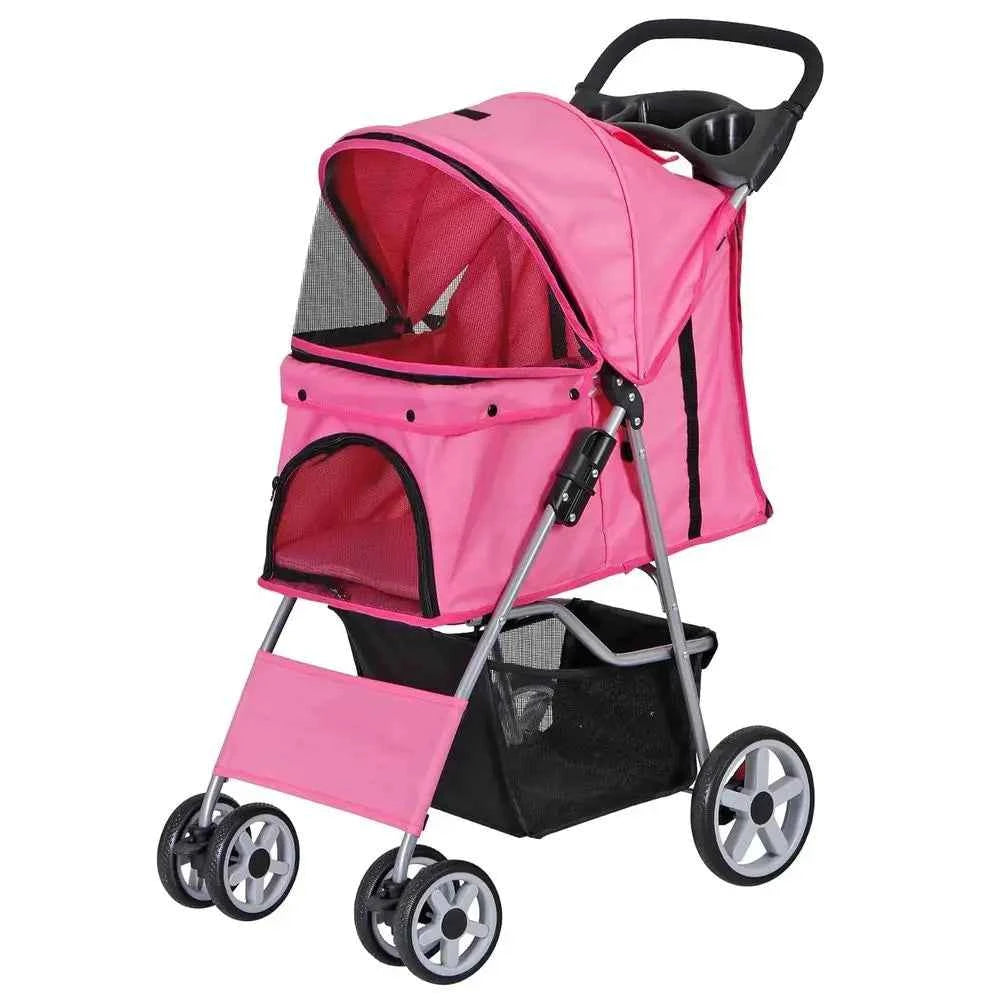Pet Stroller 4 Wheels Dog Cat Stroller or Small Medium Dog Cats Carrier Jogger Travel oldable Puppy with Storage Basket and Cup