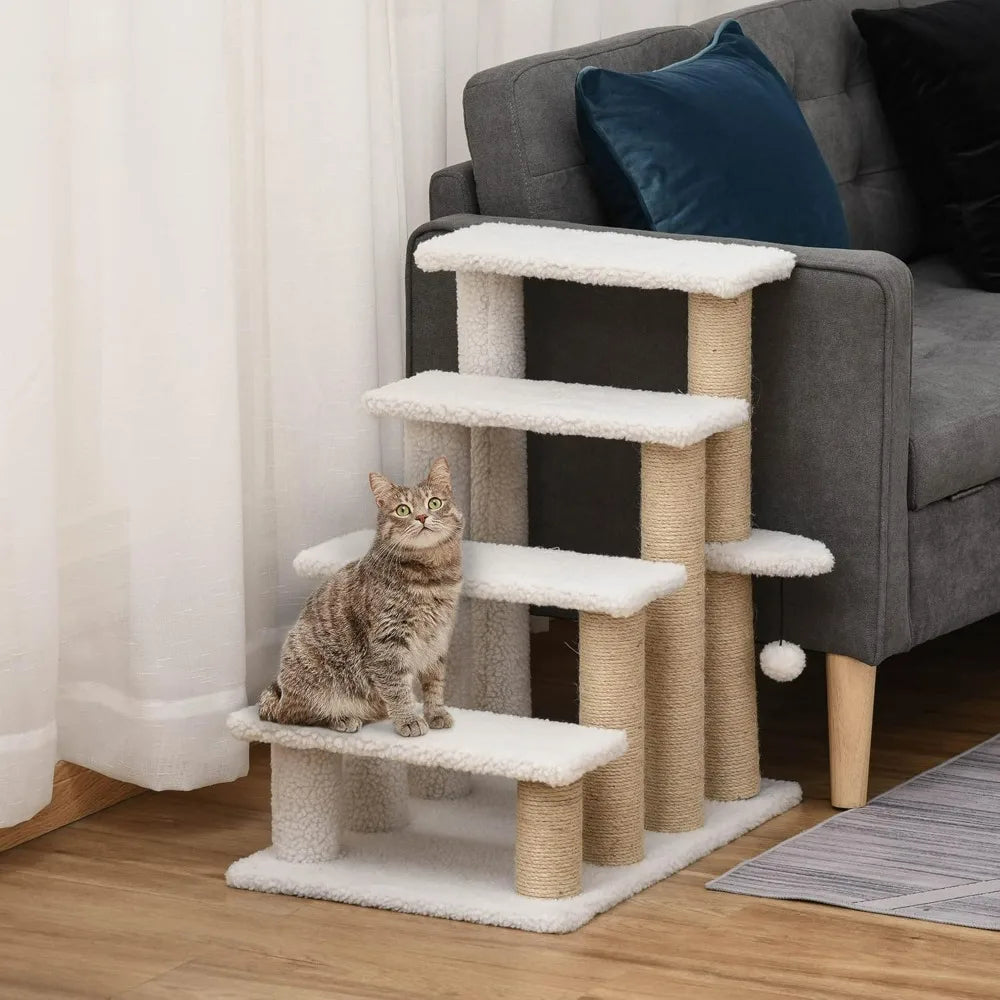 Cat Steps, Pet Stairs Carpeted Ladder, Kitten Tree Climber with Scratching Posts, Hanging Play Ball, Side Step