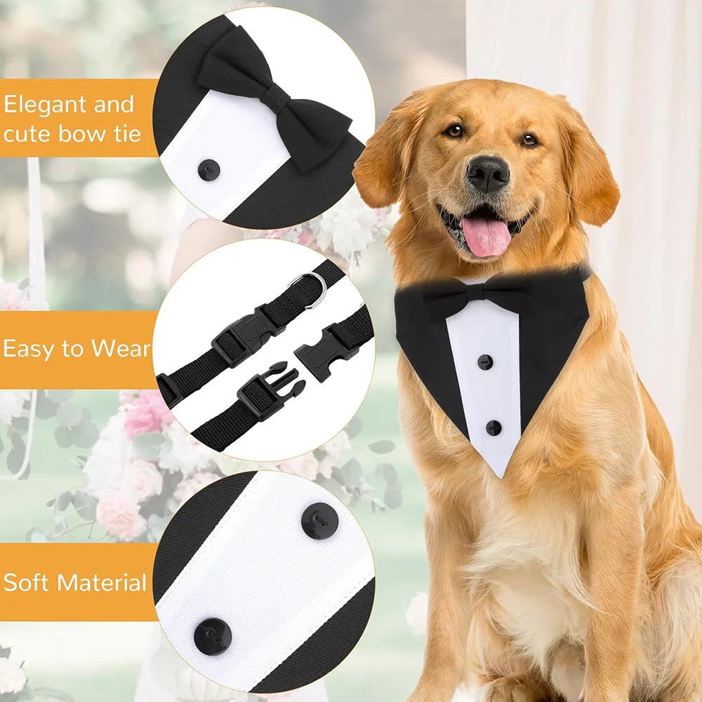 Dogs Tuxedo Formal Wedding Outfit Dog Bandana Tux Collar with Bow Tie Black Suit Costume for Pet Wedding Engagement and Birthday