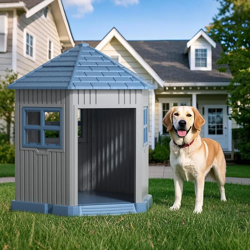 Dog House Indoor Outdoor Durable Large Dog Shelter with Outside Kennel with Window and Elevated Floor for Small Medium
