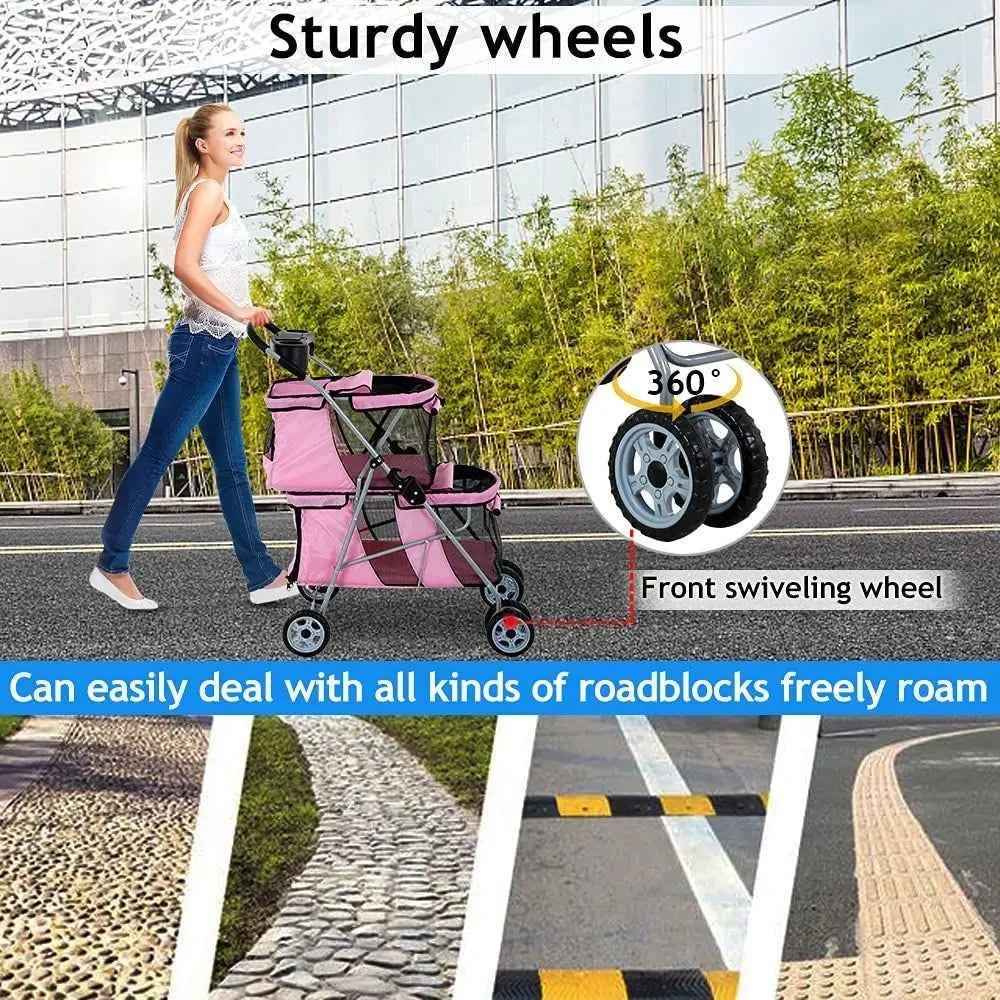 Double Pet Stroller or Small Medium Dogs, 4 Wheels olding Travel Carrier Cage with Cup Holder or 2 De Puppy Or Two Kitty, Pink
