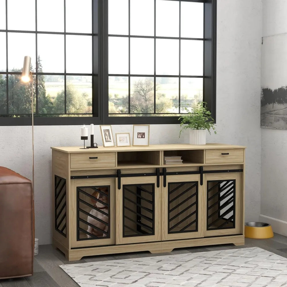 Double Dog Crate Furniture with Removable Divider for 2 Medium Dogs or 1 Large Dog, 66" Modern Dog Kennel Furniture End Table w
