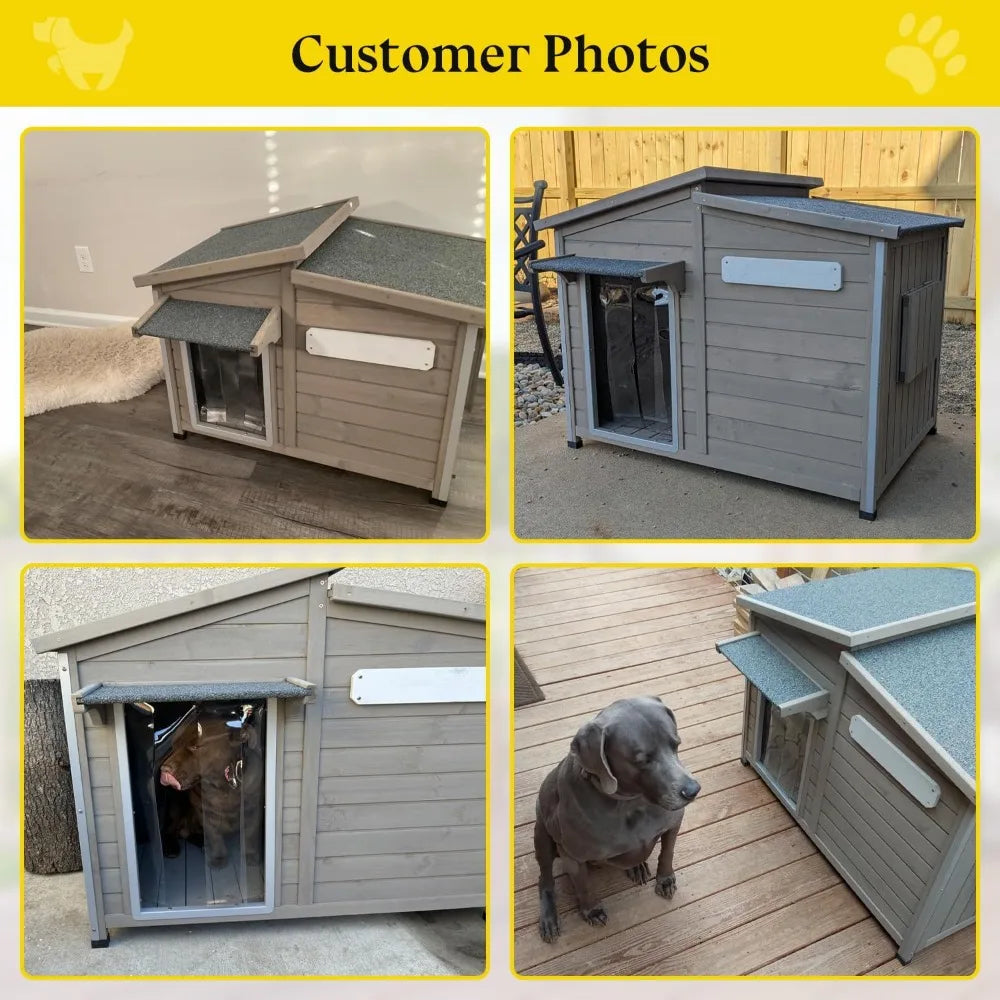Dog House Outdoor Weatherproof Large Wooden Dog Kennel Indoor with Chew-Proof Iron Frame, Removable Floor,