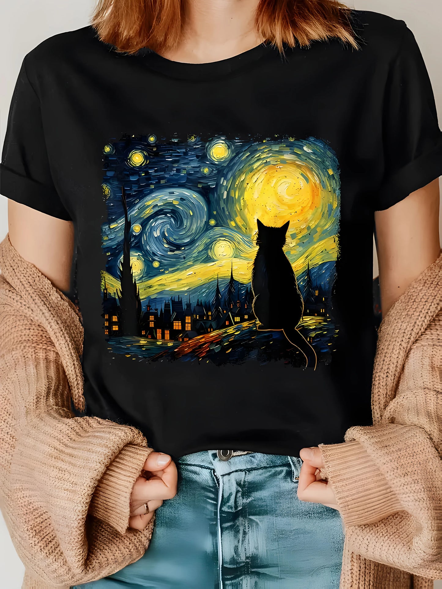 Pet Harmony Supplies Womens Van Gogh Cat Print T Shirt