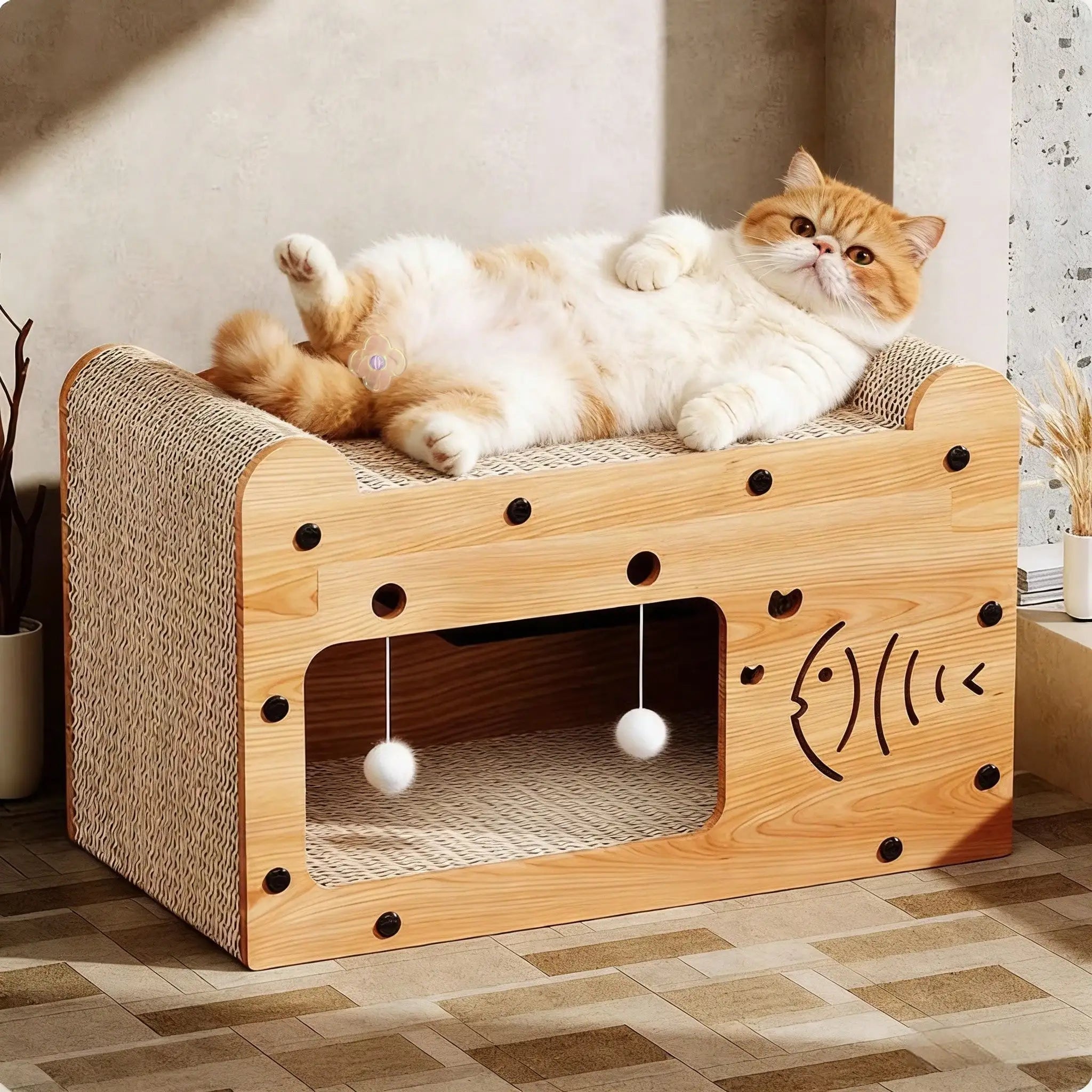 2 In 1 Double Layer Cardboard Cat Scratcher Lounge Bed Bubble Fish Star Moon Double Cat Head Pattern Detachable Upper Platform Cat Hideaway With 2 Hanging Pom Pom Balls For Multi Cat Households