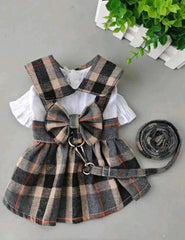 Adorable Plaid Dog Dress With Bowknot Adjustable Leash For Pets