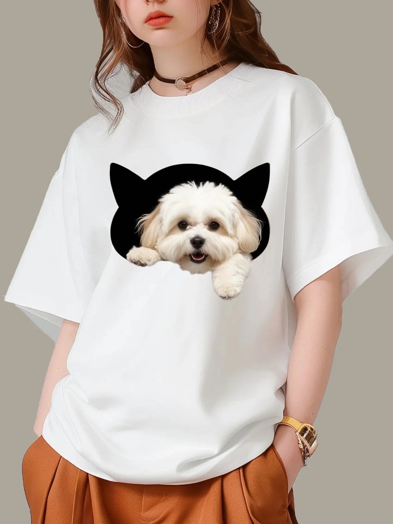 Clothing Durable Dog Print Cheerful Roundneck Comfortable Womens TShirt CottonFabric