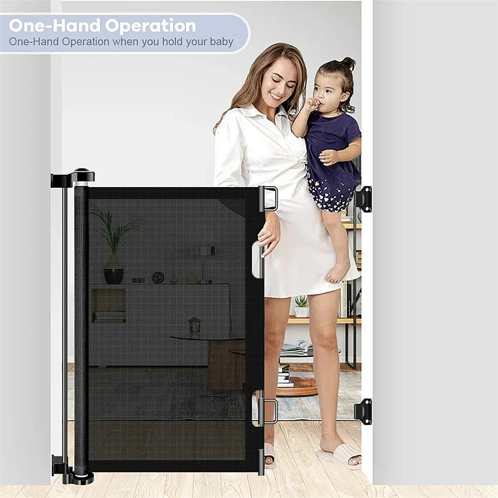 71in Extra Wide Retractable Baby Gate No-Drill Childproof Net Fence 34in Tall Mesh Baby Safety Gate for Stairs Dog Gate Black