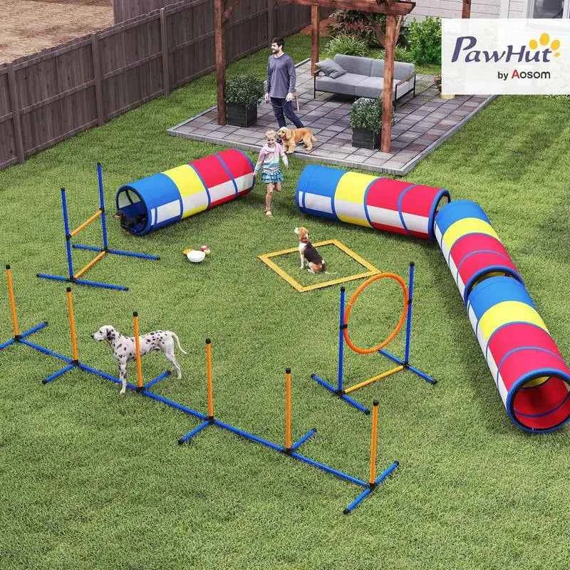 Dog Agility Training Equipment, 12-Piece Dog Obstacle Course with Adjustable Hurdle & Ring, 4 Tunnels, Weave Poles