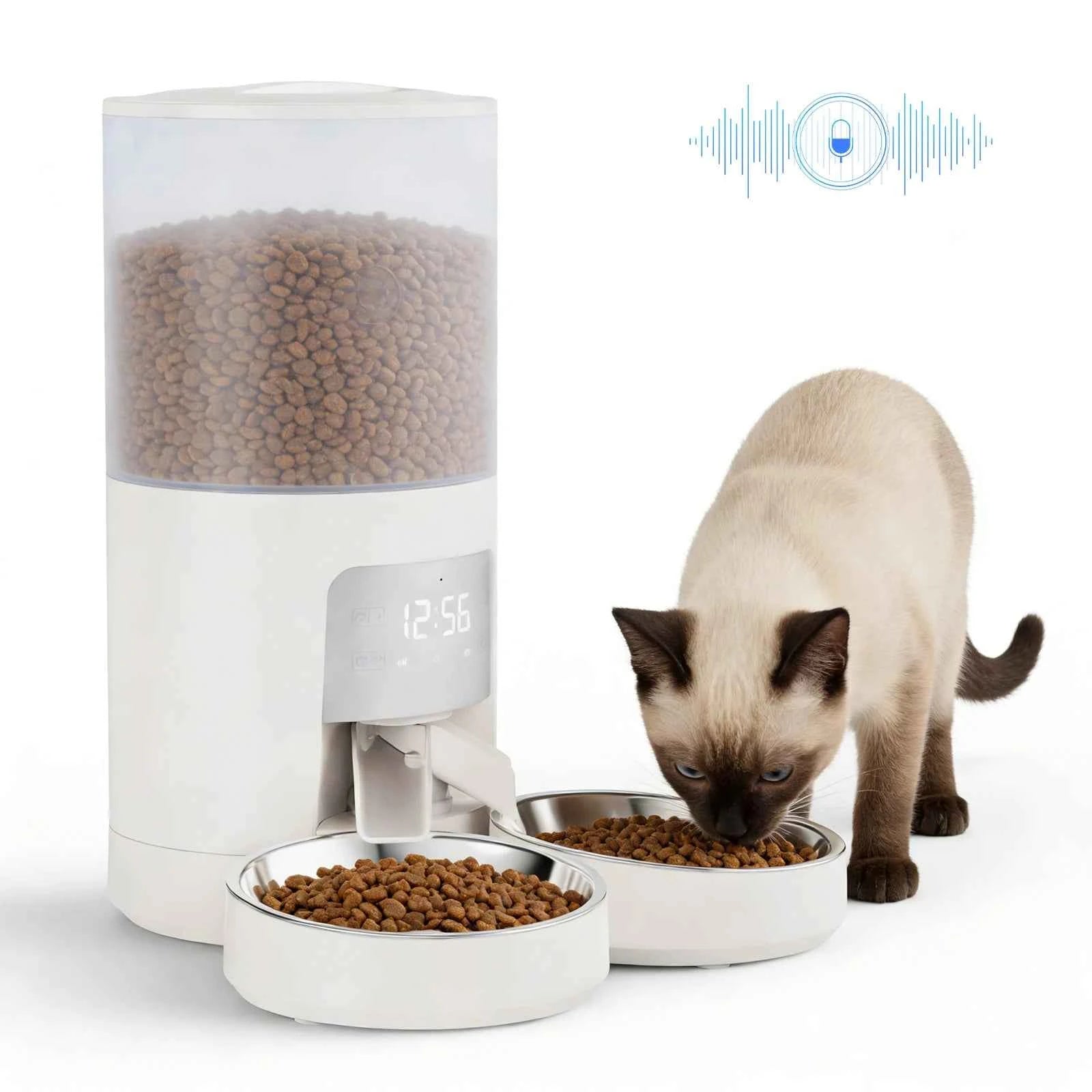JHK 6L Automatic Cat Feeder with 2 Stainless Bowls Timed Cat Food Dispenser Dual Power Supply Dual Pet Feeder for Cat and Dog