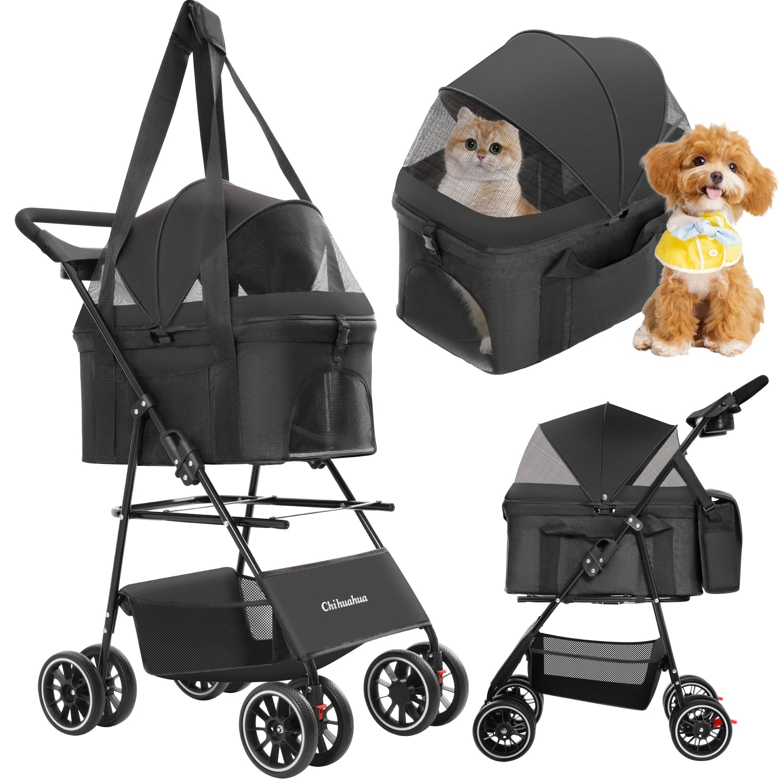 Chihuahua 2-In-1 Foldable 4-Wheel Pet Stroller With Detachable Carrier