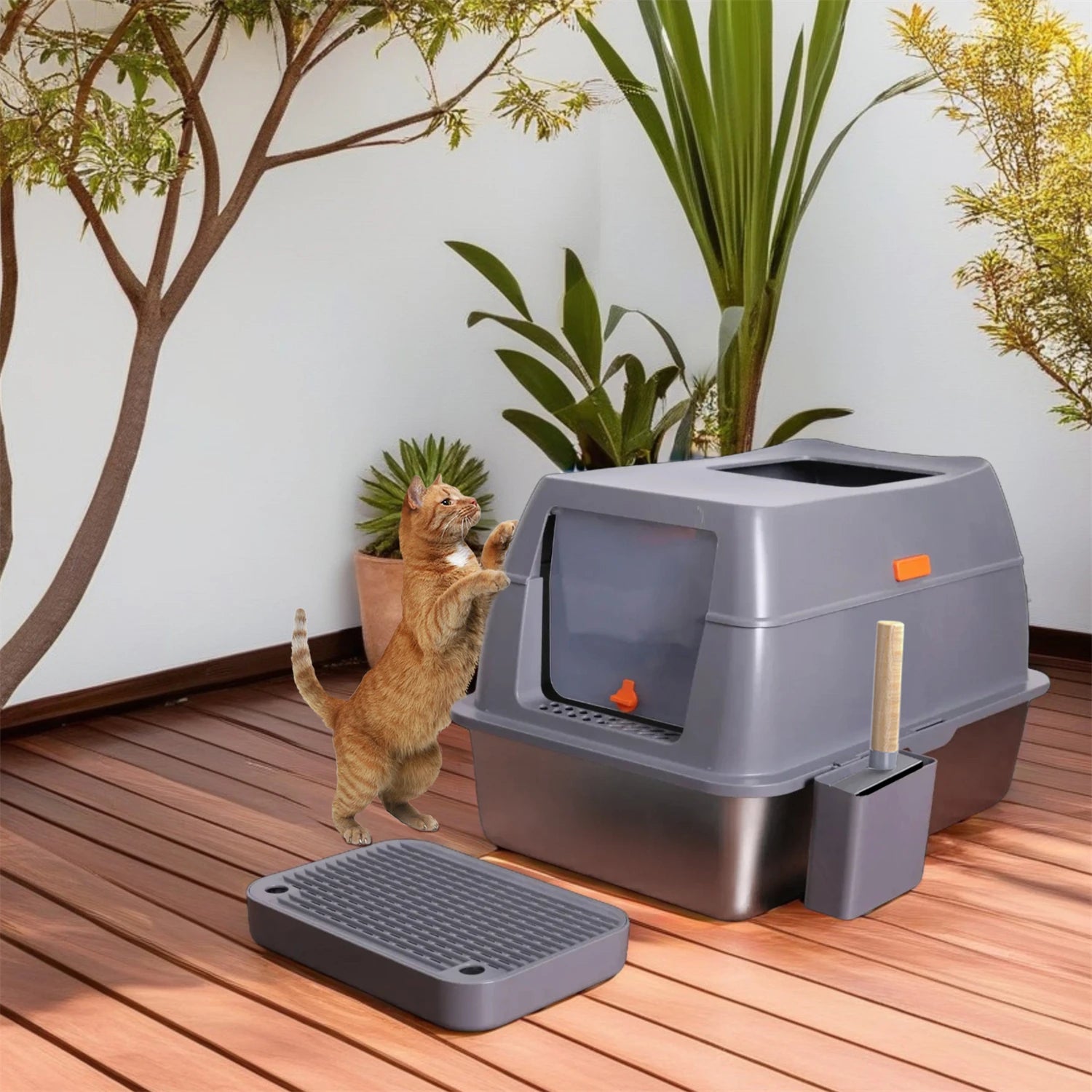 Stainless Steel Enclosed Cat Litter Box With Lid And High Walls
