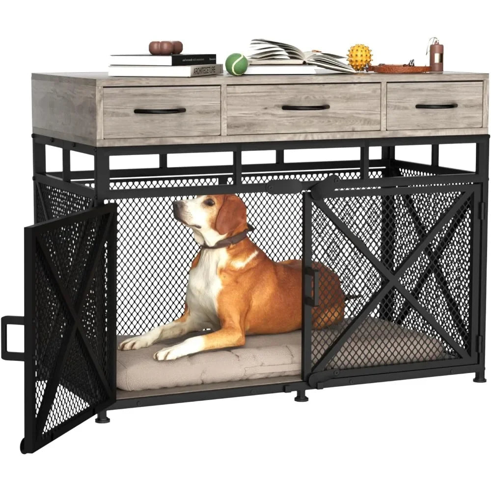43.3 Inch Large Dogs Crate, Wooden Dogs Kennels with Drawers, Heavy Duty Dogs Crate Furniture-Style Indoor, Decorative Dog Cage